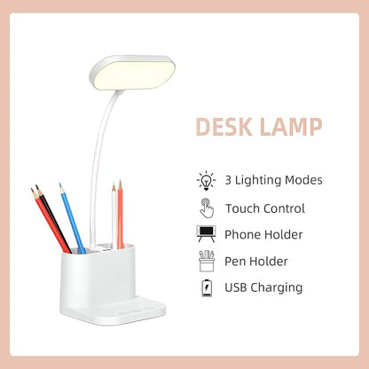 Study Lamp, Rechargeable LED Desk Lamp with Pen Holder, 8 Brightness Desk Lamp with USB Charging Port, Dimmable Reading Light Table Lamp for Kids - LeafyLoom