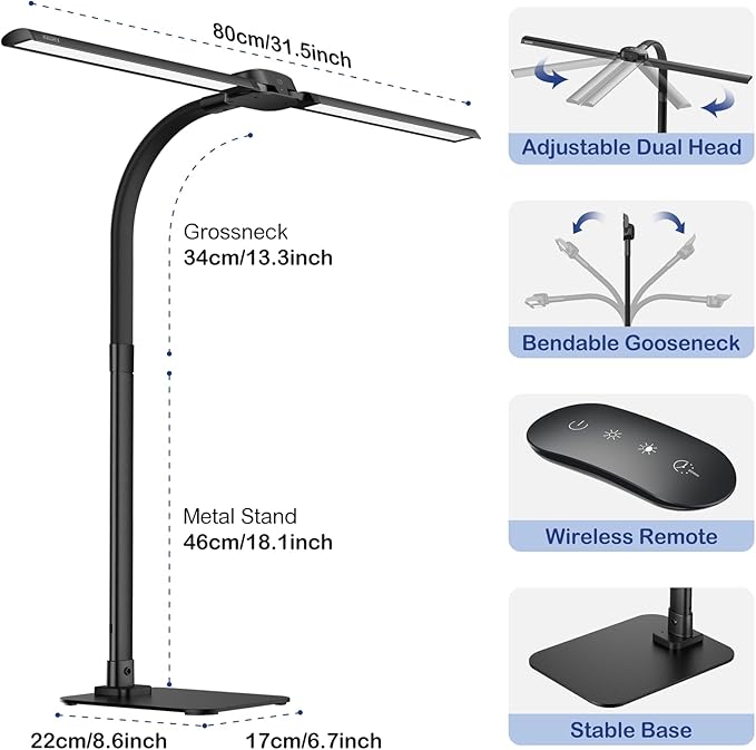 Desk Lamp with USB Charging Port for Home Office 24w Architect Remote Base Dual Task Led Light Modern 5 Color Modes Dimmable Adjustable Gooseneck Double Head Reading Drafting Eye Caring Tall Lamps - LeafyLoom