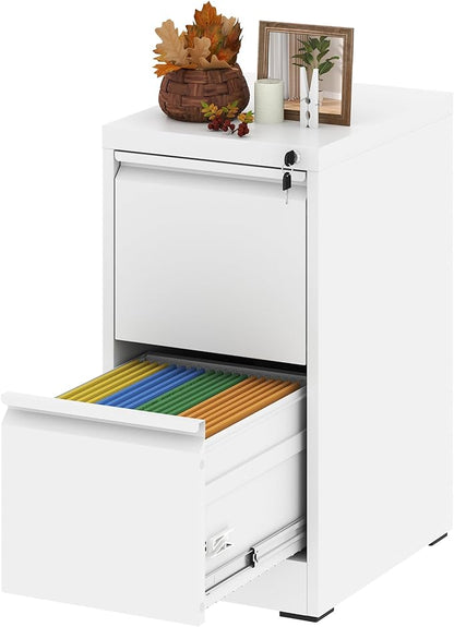 Vertical File Cabinet with Drawer, 2 Drawer File Cabinet with Lock, Filing Cabinets for Home Office, Hanging Files for A4/ Legal/Letter, White - LeafyLoom