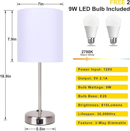 Bedside Touch Control Lamps for Bedroom Set of 2-3 Way Dimmable Table Lamp with USB A+C Charging Ports, Nightstand Lamp for Living Room Office, Bed Side Light with E26 LED Bulbs. - LeafyLoom