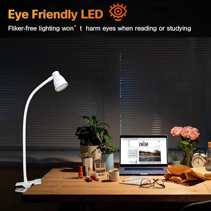 Clip on Reading Light, Clamp Lamp for Desk, 3000-6500K Adjustable Color Temperature, 6 Illumination Modes, 10 Led Beads(White) - LeafyLoom