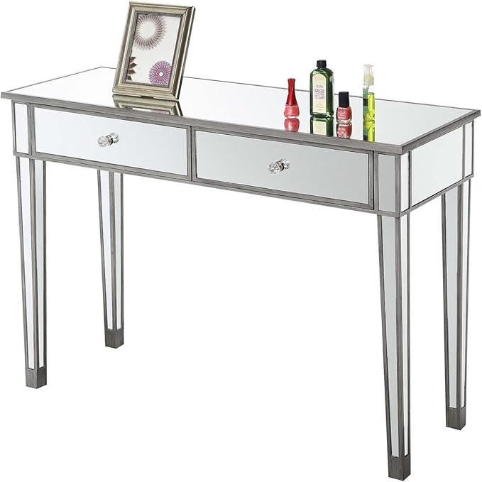 Convenience Concepts Gold Coast Mirrored Desk 42" - Console Table with 2 Drawers for Storage in Living Room, Office, Antique Silver/Mirror - LeafyLoom