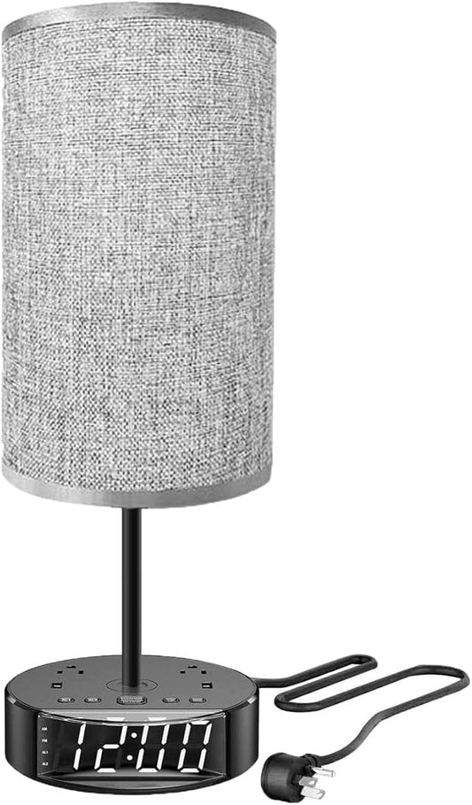 Gray Nightstand Light Lampshade 7ft Plug Extension Cord Dual USB Charging Port AC Outlet, Cylinder Desk Lamp Clock Charger… - LeafyLoom