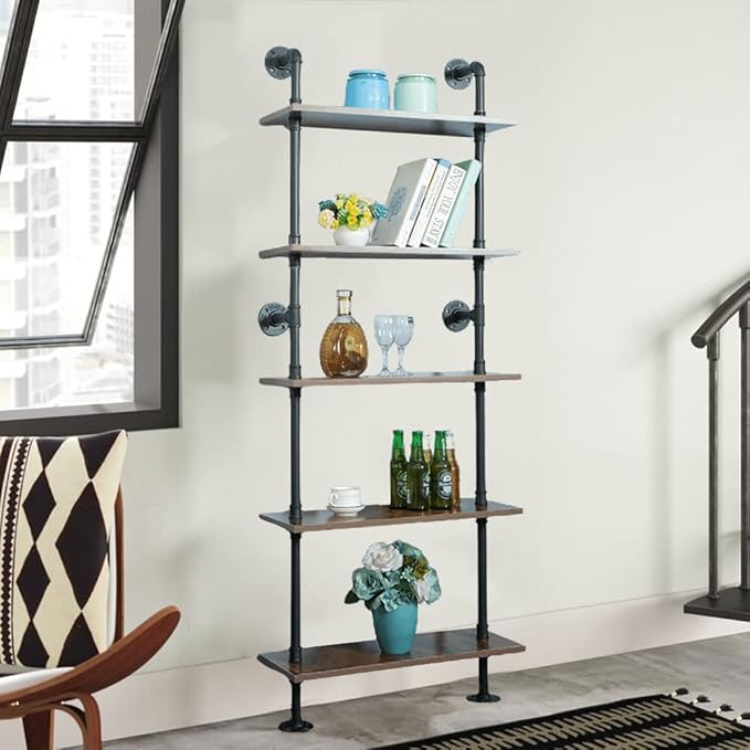 5 Shelf Industrial Pipe Shelving, Black Modern Bookcase Bookshelf, Wall Mount Ladder Shelf with Metal Frame Display Selves - LeafyLoom