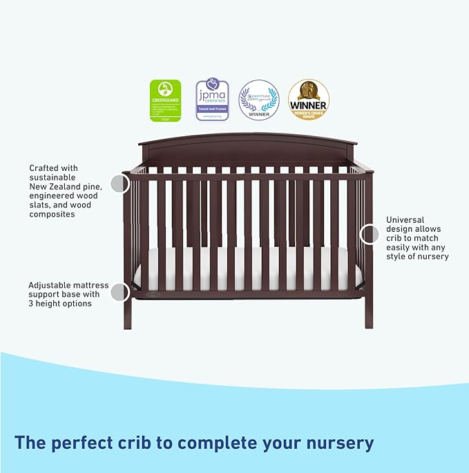 Graco Benton 5-in-1 Convertible Crib (Espresso) – GREENGUARD Gold Certified, Converts from Baby Crib to Toddler Bed, Daybed and Full-Size Bed, Fits Standard Full-Size Crib Mattress - LeafyLoom