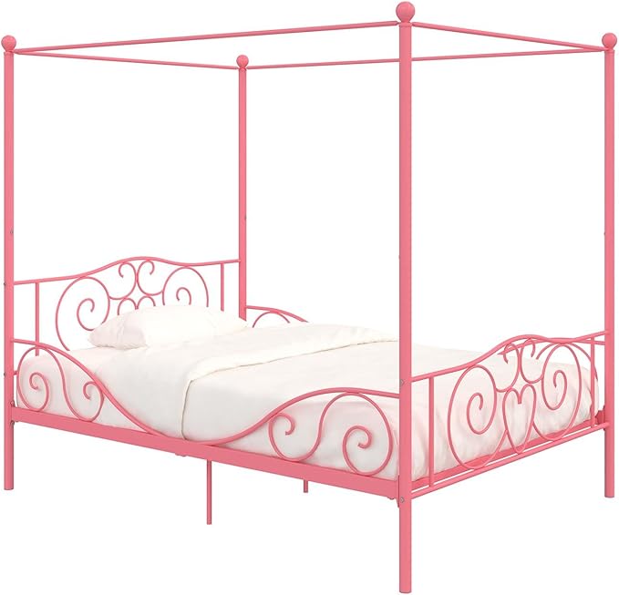 DHP Metal Canopy Kids Platform Bed with Four Poster Design, Scrollwork Headboard and Footboard, Underbed Storage Space, No Box Sring Needed, Full, Pink - LeafyLoom