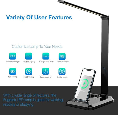 Fugetek LED Desk Office Lamp with Wireless Charger & USB Charging Port, Touch Control, 5 Lighting Modes, 30/60 Min Auto Timer, Eye-Caring, Dimmer, Black - LeafyLoom