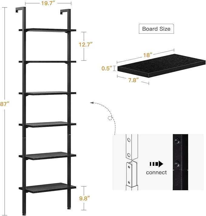 ODK 6-Tier Ladder Shelf, 87 Inches Wall Mounted Ladder Bookshelf with Metal Frame, Open Industrial Shelves for Home Office, Bedroom and Living Room, Black - LeafyLoom