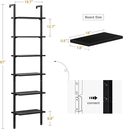 ODK 6-Tier Ladder Shelf, 87 Inches Wall Mounted Ladder Bookshelf with Metal Frame, Open Industrial Shelves for Home Office, Bedroom and Living Room, Black - LeafyLoom