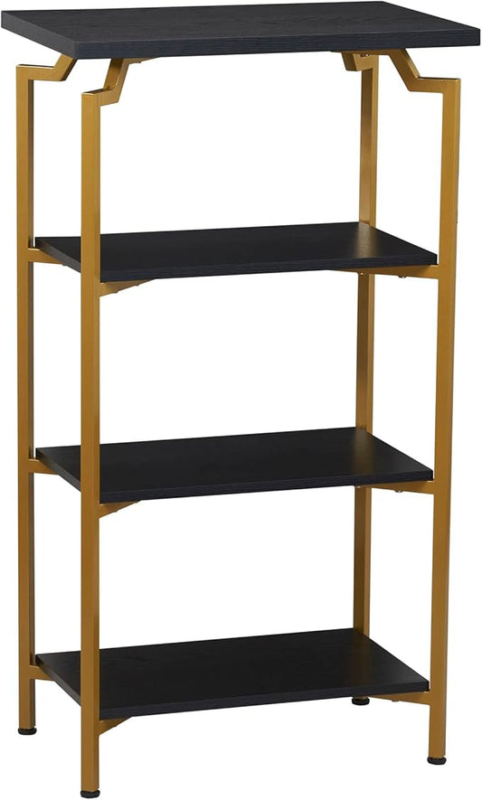 Household Essentials Crown Narrow 4 Shelf Open Storage Bookshelf Black Oak Wood Grain and Gold Metal - LeafyLoom