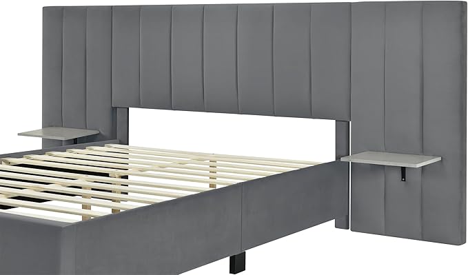 Queen Upholstered Platform Bed Frame with Extended Headboard and and Two Shelves, Velvet Bed, No Box Spring Needed, Gray - LeafyLoom