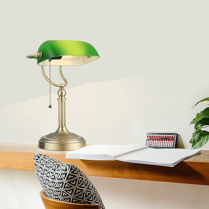 Newrays Green Glass Bankers Desk Lamp with Pull Chain Switch Plug in Fixture,USB Fast Charging Port - LeafyLoom