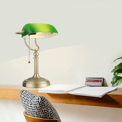 Newrays Green Glass Bankers Desk Lamp with Pull Chain Switch Plug in Fixture,USB Fast Charging Port - LeafyLoom