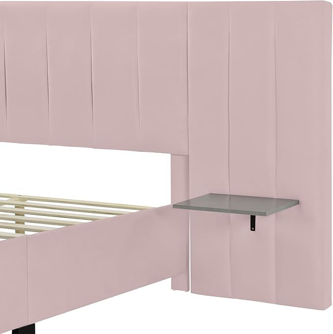 Queen Upholstered Platform Bed Frame with Extended Headboard and and Two Shelves, Velvet Bed, No Box Spring Needed, Pink - LeafyLoom