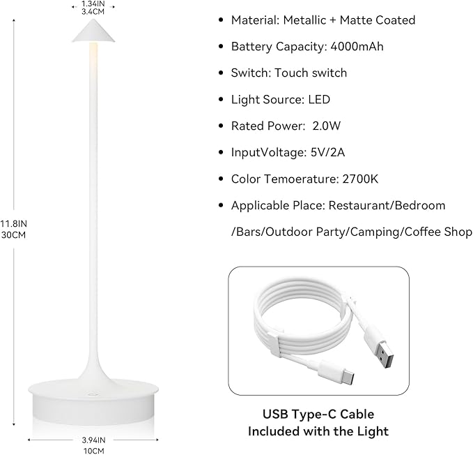 Set of 2 Cordless Table Lamp Rechargeable, Battery Operated Desk Lamp, 4000mAh LED Touch Lamp, Dimmable Portable Outdoor Waterproof Wireless Table Light for Restaurants/Bars/Outdoor(1PC, White) - LeafyLoom