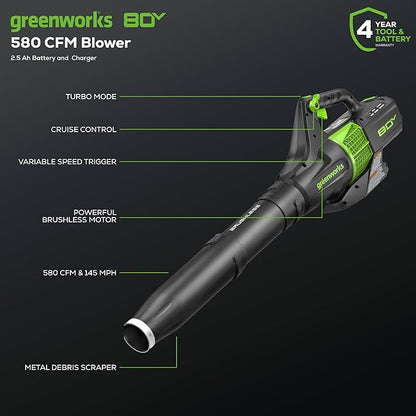 Greenworks 80V (145 MPH / 580 CFM / 75+ Compatible Tools) Cordless Brushless Axial Leaf Blower, 2.5Ah Battery and Charger Included - LeafyLoom