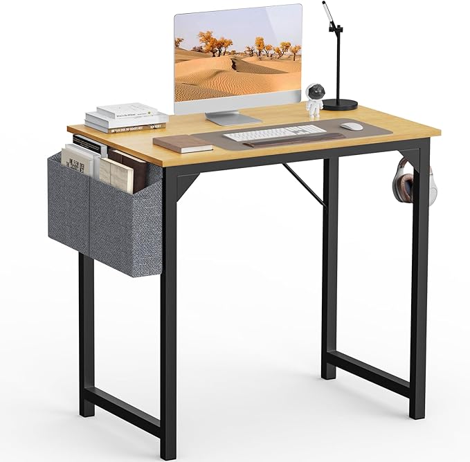 SMUG Computer Desk Small 32” Gaming Table Writing Work Student Study PC Workstation Simple Style Wooden with Side Bag Iron Hook Sturdy Metal Frame for Bedroom, Home, Office, Natural - LeafyLoom