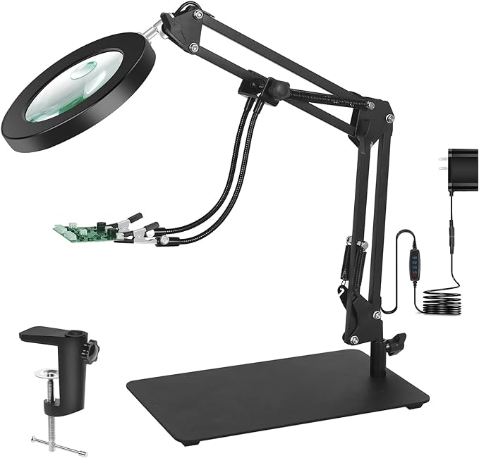 Magnifying Glass with Light and Stand, 3-in-1 Gooseneck Arms 3 Color Modes Stepless Dimmable, 10x&5X LED Desktop Magnifier with light Hands Free for Workbench Reading Crafts Painting Hobby Close Work - LeafyLoom