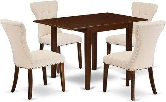 East West Furniture NDGA5-MAH-32 Norden 5 Piece Set Includes a Rectangle Kitchen Table with Dropleaf and 4 Light Beige Linen Fabric Parson Dining Chairs, 30x48 Inch, Mahogany - LeafyLoom