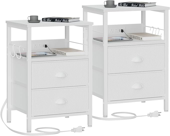 Furologee Nightstands Set of 2, End Tables with Charging Station and USB Ports, Side Tables with 2 Fabric Drawers, Night Stands with Storage Shelf & 2 Hooks, for Living Room/Bedroom, White - LeafyLoom