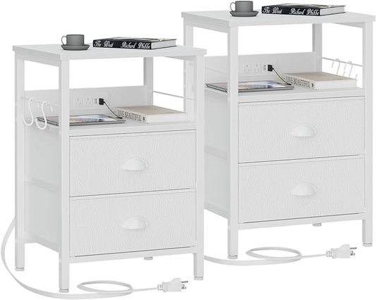 Furologee Nightstands Set of 2, End Tables with Charging Station and USB Ports, Side Tables with 2 Fabric Drawers, Night Stands with Storage Shelf & 2 Hooks, for Living Room/Bedroom, White - LeafyLoom