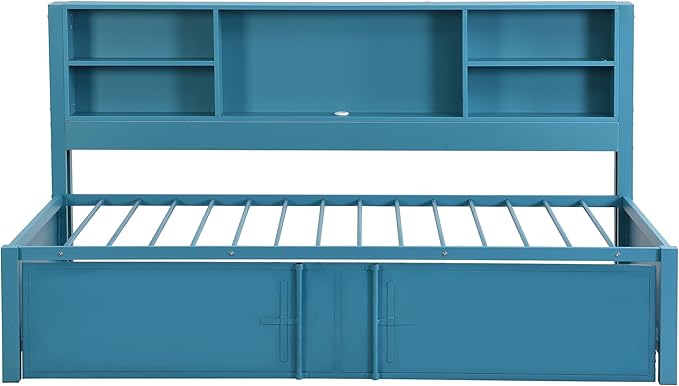 Metal Twin Size Daybed with Trundle and Storage Headboard, USB Charging Port, for Living Room Bedrooms, Blue - LeafyLoom