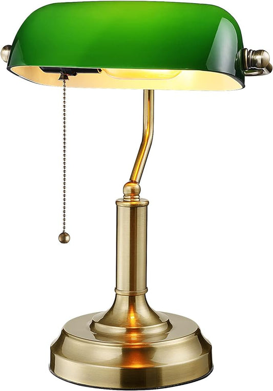 TORCHSTAR Green Glass Bankers Desk Lamp, UL Listed, Antique Desk Lamps with Brass Base, Traditional Library Lamp with Pull Chain, E26 Base, Vintage Desk Lamp for Office, Study Room - LeafyLoom