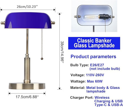 FIRVRE Bankers Lamp with2 USB and Wireless Charging Port，Pull Chain Switch Blue Glass Desk Lamp， E26 Base,Traditional Library Desk Lamps for Home Office,Bedroom,Piano - LeafyLoom