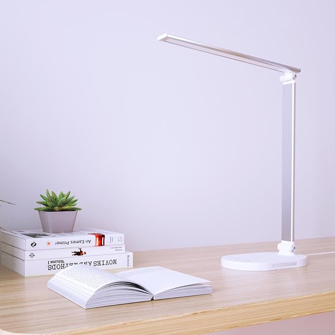 Clearance LED Desk Lamp with USB Charging Port, Birght Desk Light for Home Office, Computer, Work Desktop, Table Lamp with Night Light, Timer, 5 Modes Reading Lamp, Touch Dimmable, Adjustable, Sliver - LeafyLoom