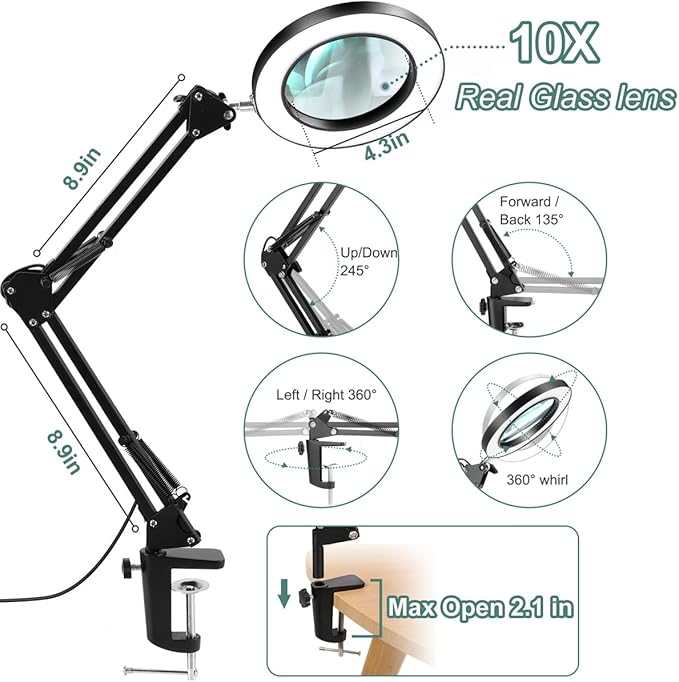 10X Magnifying Glass with Light, Krstlv Real Glass Lens Desk Lamp & Clamp, 3 Color Modes Stepless Dimmable, Hands Free LED Lighted Magnifier with Light and Stand for Reading Crafts Repair Close Works - LeafyLoom