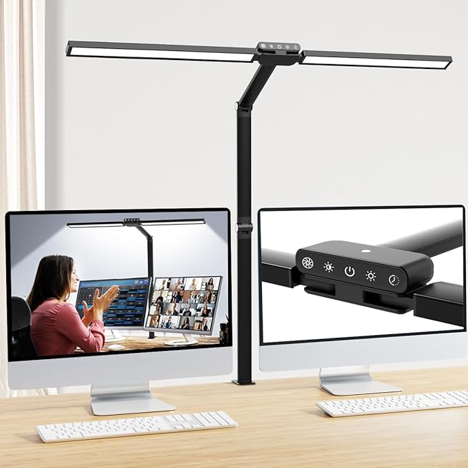 LED Desk Lamp for Home Office with Clamp - Eye Caring Architect 24W Double Head Monitor Light Bar, Super Wide & Bright, Dimmable & 5 Color Modes, Clip Table Lamp for Computer Screen, Work - LeafyLoom