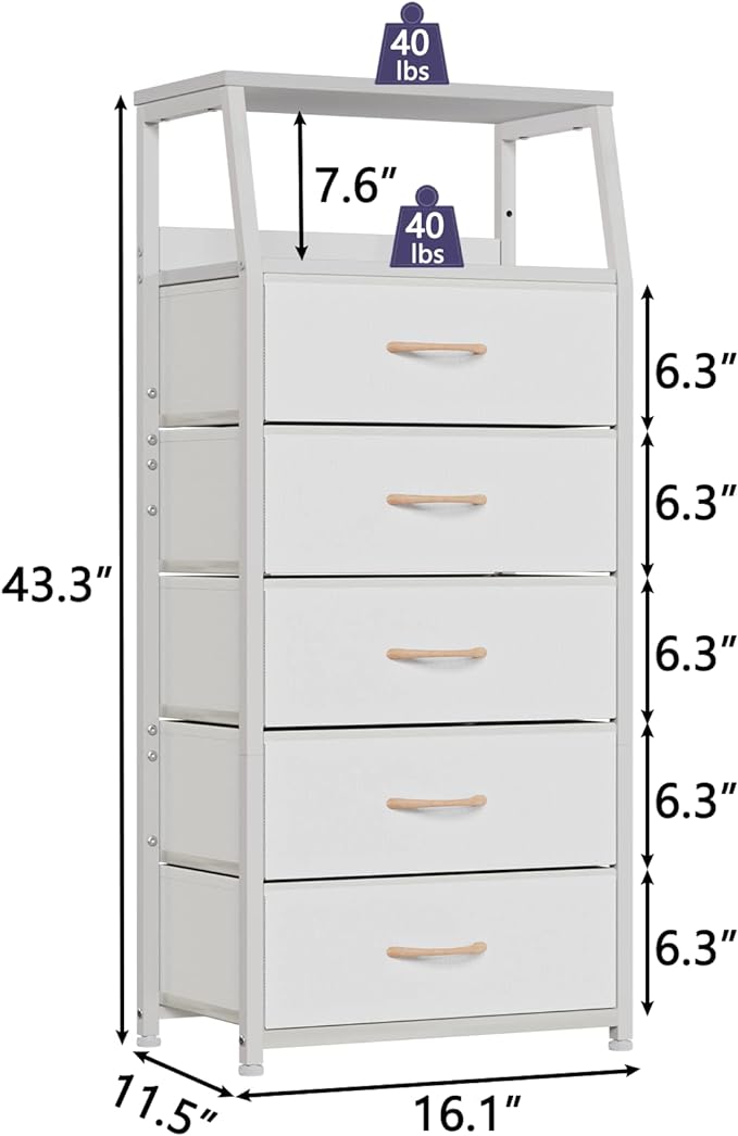 Furnulem White Dresser with 5 Drawers, Vertical Storage Tower Fabric Dresser for Bedroom, Hallway, Entryway, Nursery, Closet Organizer, Nightstand Bedside Table Furniture, Sturdy Steel Frame, Wood Top - LeafyLoom