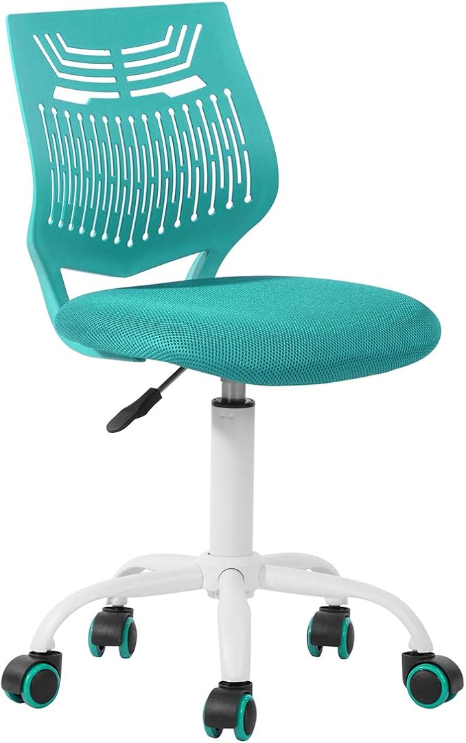 FurnitureR Desk Chair Armless Home Office Task Chair with Mesh Padded Cushion Swivel Study Chair with Rolling Wheels for Kids Teens Children, Turquoise - LeafyLoom