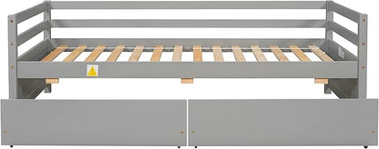 Twin Daybed with 2 Storage Drawers,Pinewood Twin Size Daybed Frame with Guardrail,for Boys/Girls/Teens Bedroom, Easy to Assemble, No Box Spring Needed,Grey - LeafyLoom