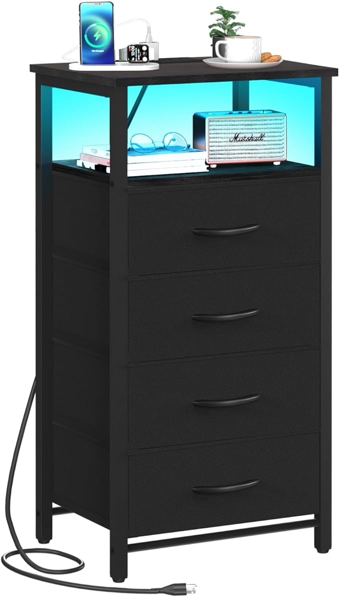 Yoobure Night Stand - LED Black Nightstand with Charging Station, Bedside Table with 4 Storage Drawers and Storage Shelf, End Table with USB Ports and Outlets, Fabric Tall Dresser for Bedroom - LeafyLoom