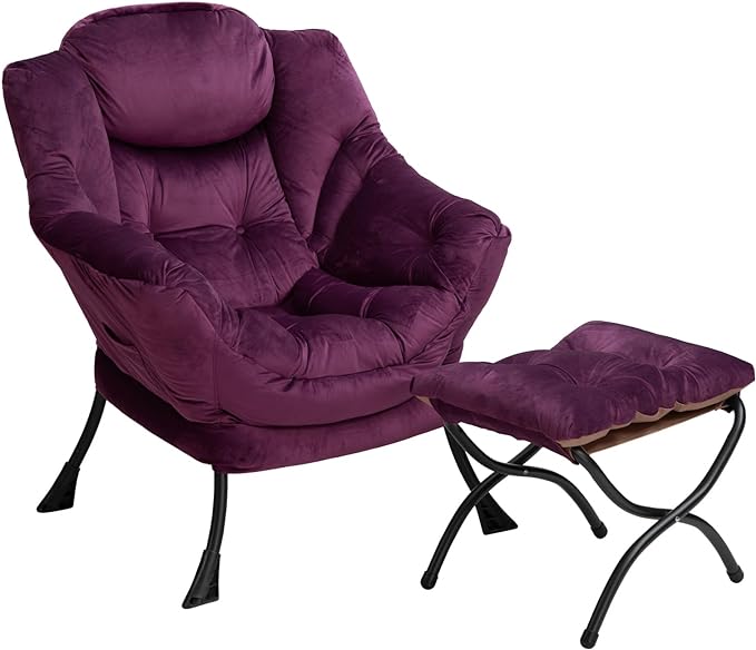 HollyHOME Fabric Lazy Chair with Foldable Ottoman, Accent Comfy Lounge Arm Chair and Folding Footrest Stool Set, Leisure Sofa Reading Chair and Footstool for Living Room, Bedroom, Dorm, Deep Purple - LeafyLoom