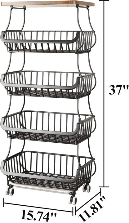 Wisdom Star 5 Tier Fruit Vegetable Basket for Kitchen with Wooden Tabletop, Storage Cart Vegetable Basket Bins for Onions and Potatoes, Wire Storage Basket Organizer Utility Cart with Wheels, Black - LeafyLoom