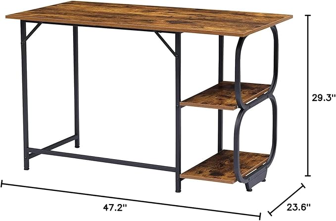 Anivia Writing Computer Home Office Desk with 2 Storage Shelves on Left or Right Side, Industrial Simple Style Wood Table Metal PC Laptop Notebook, 47", Rustic Brown + Black Frame - LeafyLoom