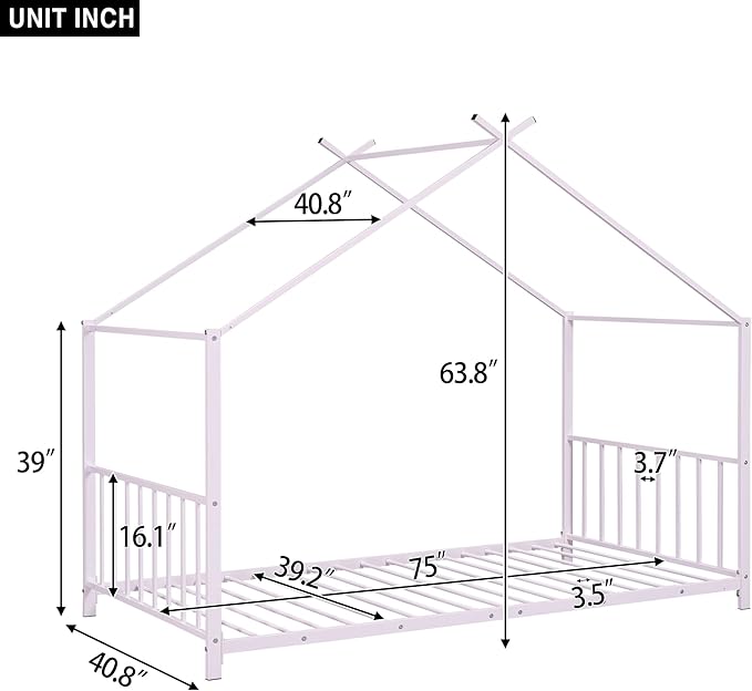 Twin Size Kids Montessori Floor Bed,House Bed Frame with High Headboard,Twin Floor Bed with Roof for Boys Girls,Floor Bed Metal Frame (Pink) - LeafyLoom