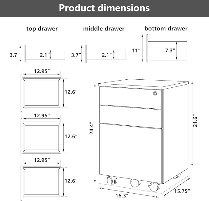 TOPSKY 3 Drawers Wood Mobile File Cabinet Fully Assembled Except Castors (Rustic Brown, 16.3x15.7x24.4) - LeafyLoom