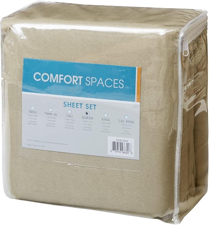 Comfort Spaces Cotton Flannel Breathable Warm Deep Pocket Sheets with Pillow Case Bedding, Full, Tan Solid 4 Piece - LeafyLoom