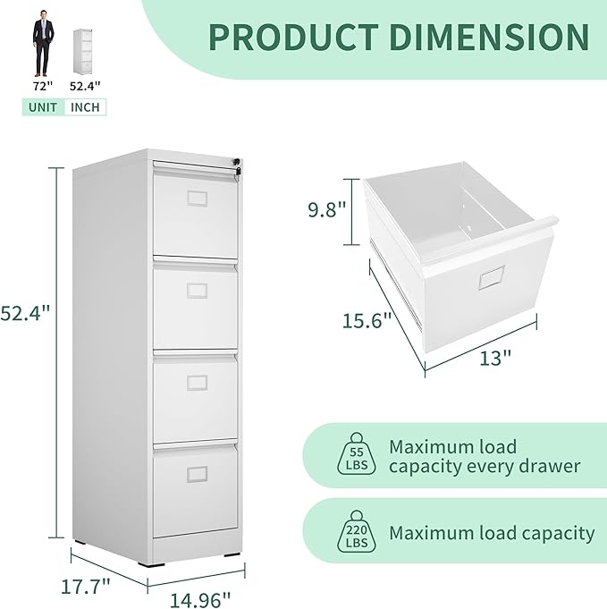 4 Drawer File Cabinet, Metal Vertical File Cabinets with Lock for Home Office, Heavy Duty Office Steel Filing Cabinet for Hanging Files for A4/ Legal/Letter,Assembly Required (White) - LeafyLoom