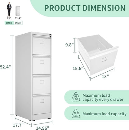 4 Drawer File Cabinet, Metal Vertical File Cabinets with Lock for Home Office, Heavy Duty Office Steel Filing Cabinet for Hanging Files for A4/ Legal/Letter,Assembly Required (White) - LeafyLoom