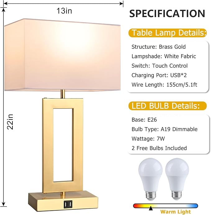 22’’ Set of 2 Touch Control Table Lamps w. 2 USB Ports, 3-Way Dimmable Bedroom Bedside Nightstand, Modern Gold&White Touch Lamps for Living Room End Table, LED Bulbs Included - LeafyLoom