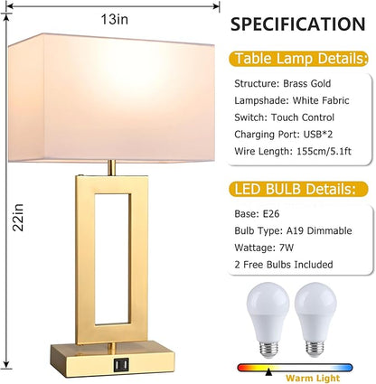 22’’ Set of 2 Touch Control Table Lamps w. 2 USB Ports, 3-Way Dimmable Bedroom Bedside Nightstand, Modern Gold&White Touch Lamps for Living Room End Table, LED Bulbs Included - LeafyLoom