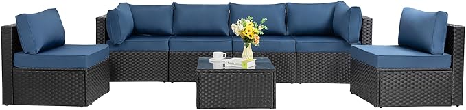 Shintenchi 7 Pieces Outdoor Patio Sectional Sofa Couch, Black Wicker Furniture Conversation Sets with Washable Cushions & Glass Coffee Table for Garden, Poolside, Backyard (Aegean Blue) - LeafyLoom