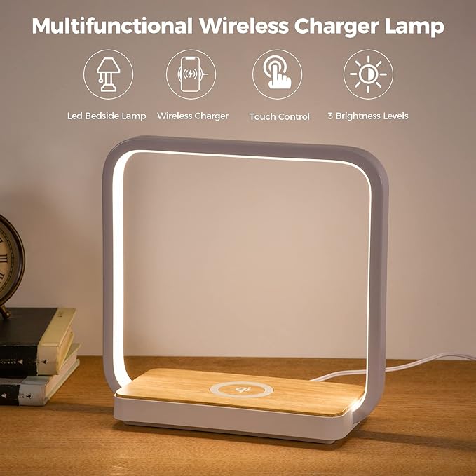 Bedside Lamp Qi Charger LED Desk Lamp with Touch Control 3 Light Hues,Table Lamp Eye-Caring Reading Light for Kids, Adults, Home, Dorm and Office,Wireless Charge for All Qi Devices - LeafyLoom