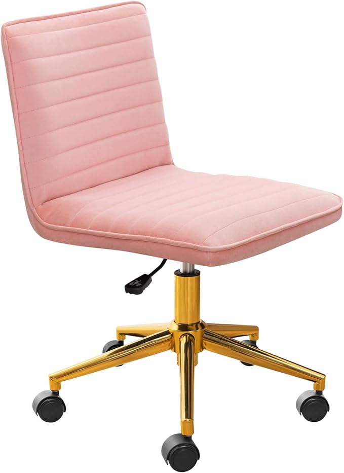 Furniliving Home Office Chair, Armless Vanity Chair with Wheels Swivel Velvet Computer Rolling Desk Chair with Back, Adjustable Accent Chair with Gold Metal Base Stool Chair,Pink - LeafyLoom