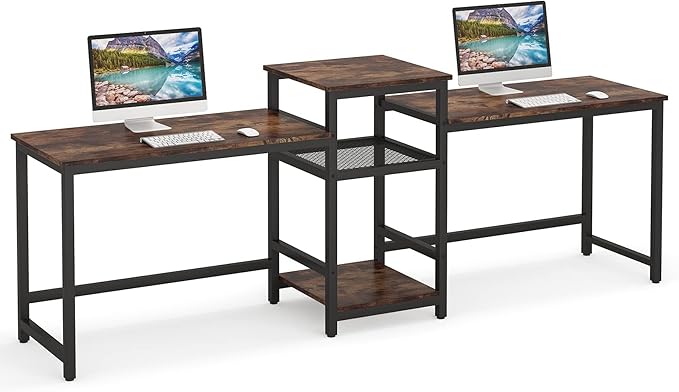 Tribesigns 96.9" Double Computer Desk with Printer Shelf, Extra Long Two Person Desk Workstation with Storage Shelves, Large Office Desk Study Writing Table for Home Office, Dark Brown - LeafyLoom