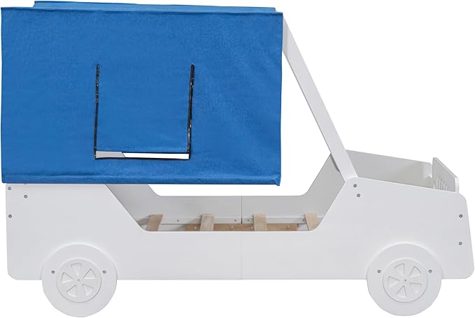 Twin Size Kids Car Bed with Tent Canopy & Wheels,Wood Bedframe W/Safty Grille,Raised Base Design,Easy to Assemble,Toddler Boys Car-Shaped Bedroom Beds for Reading Playing Relaxing,White - LeafyLoom